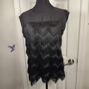 NWT The Limited Black Fringe Cap-Sleeve Top M Flapper Style Chevron Tassels